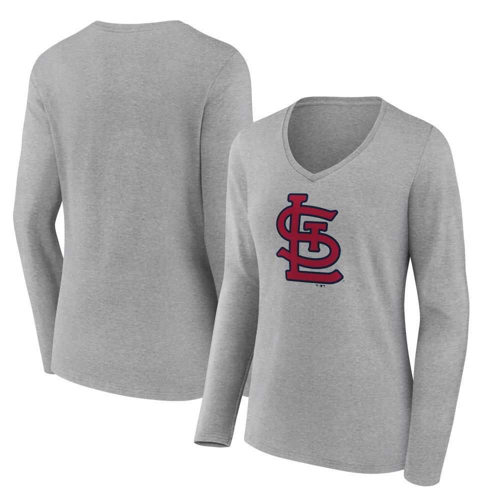 St. Louis Cardinals Women's Core Official Logo Long Sleeve V-Neck T-Shirt - Heather Gray - MLB Lifestyle