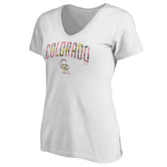 Colorado Rockies Women's Floral Arched Logo V-Neck T-Shirt - White - MLB Sale