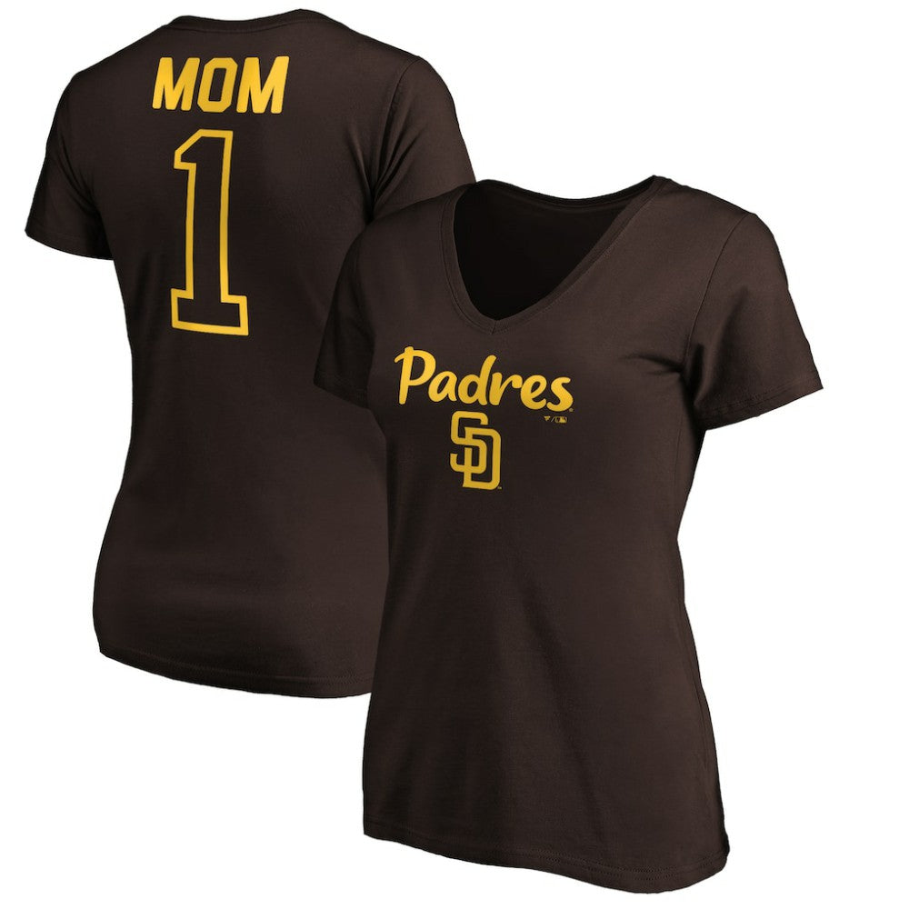 San Diego Padres Women's #1 Mom Logo V-Neck T-Shirt - Brown - MLB on Sale