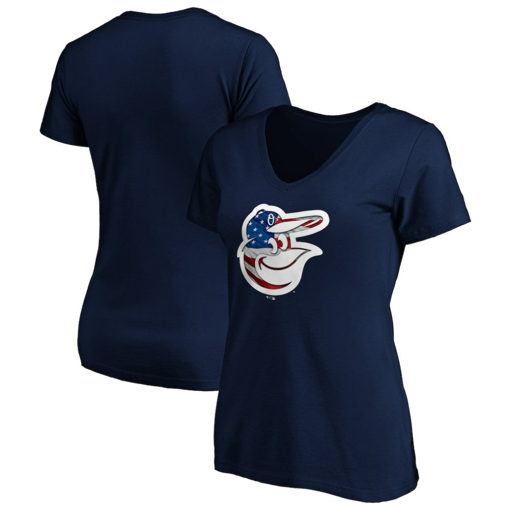 Baltimore Orioles Logo Women's Banner Wave V-Neck T-Shirt - Navy - MLB on Sale