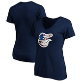 Baltimore Orioles Logo Women's Banner Wave V-Neck T-Shirt - Navy - MLB on Sale
