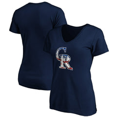 Colorado Rockies Logo Women's Banner Wave V-Neck T-Shirt - Navy - MLB Discount