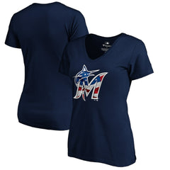 Miami Marlins Logo Women's Banner Wave V-Neck T-Shirt - Navy - MLB Discount