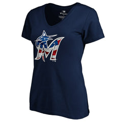 Miami Marlins Logo Women's Banner Wave V-Neck T-Shirt - Navy - MLB Discount
