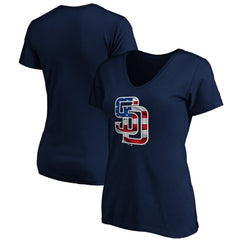 San Diego Padres Logo Women's Banner Wave V-Neck T-Shirt - Navy - MLB Sale