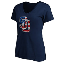 San Diego Padres Logo Women's Banner Wave V-Neck T-Shirt - Navy - MLB Sale