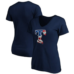 Texas Rangers Logo Women's Banner Wave V-Neck T-Shirt - Navy - MLB Sale