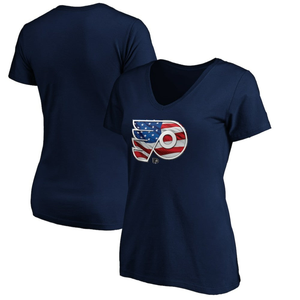 Philadelphia Flyers Women's Banner Wave Logo V-Neck T-Shirt T-Shirt - Navy - NHL 3930392