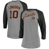 Evan Longoria San Francisco Giants 5th & Ocean by New Era Women's Script Name & Number Raglan Tri-Blend 3/4-Sleeve T-Shirt - Gray - New Era Lifestyle