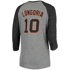 Evan Longoria San Francisco Giants 5th & Ocean by New Era Women's Script Name & Number Raglan Tri-Blend 3/4-Sleeve T-Shirt - Gray - New Era Lifestyle