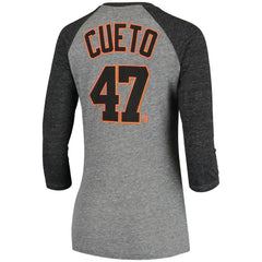 Johnny Cueto San Francisco Giants 5th & Ocean by New Era Women's Script Name & Number Raglan Tri-Blend 3/4-Sleeve T-Shirt - Gray - New Era Discount