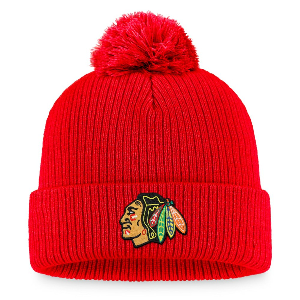 Chicago Blackhawks Fanatics Primary Logo Cuffed Knit Hat with Pom - Red - NHL 3970394