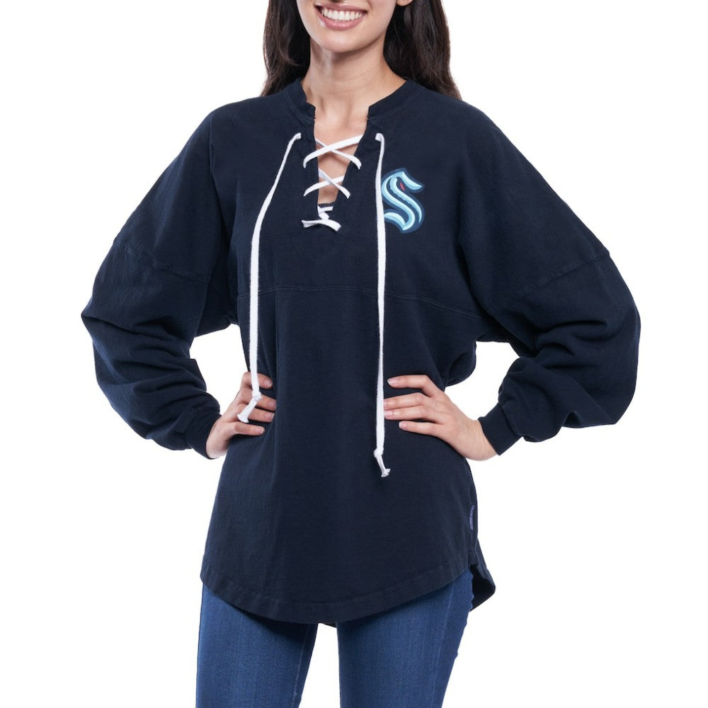 Seattle Kraken Fanatics Women's Lace Up Long Sleeve Spirit Top - Navy - NHL 4025072
