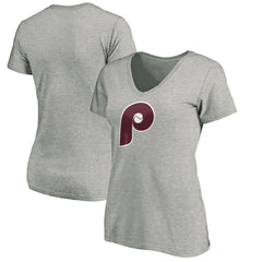 Philadelphia Phillies Women's Cooperstown Collection Huntington Logo V-Neck T-Shirt - Heathered Gray - MLB Discount