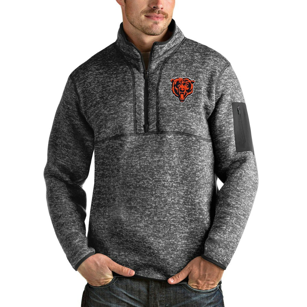 Chicago Bears Antigua Bear Head Fortune Quarter-Zip Pullover Jacket Heathered Charcoal