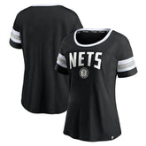 Brooklyn Nets Women's Block Party Striped Sleeve T-Shirt Black/Heathered Gray | Fanatics Lifestyle