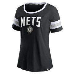 Brooklyn Nets Women's Block Party Striped Sleeve T-Shirt Black/Heathered Gray | Fanatics Lifestyle