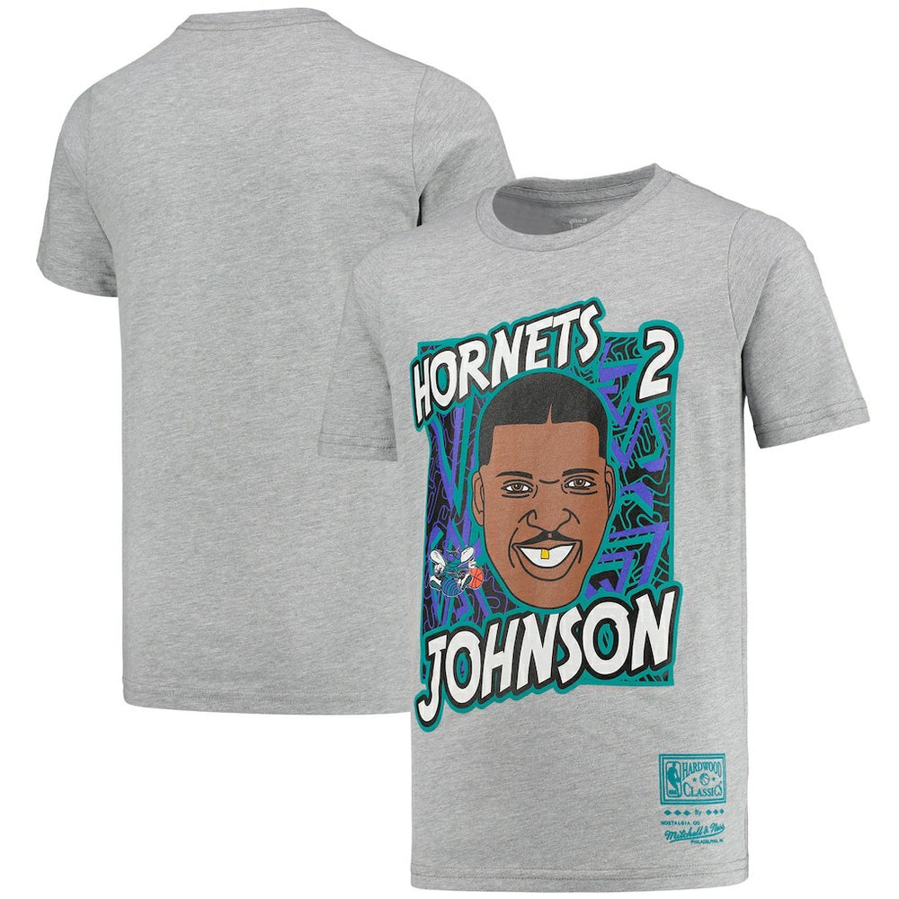 Larry Johnson Charlotte Hornets Youth Hardwood Classics King of the Court Player T-Shirt Gray | Mitchell & Ness US