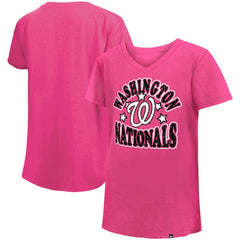 Washington Nationals New Era Girl's Youth Jersey Stars V-Neck T-Shirt - Pink - New Era Lifestyle