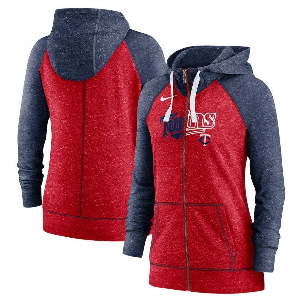 Minnesota Twins Nike Women's Split Wordmark Gym Vintage Raglan Lightweight Full-Zip Hoodie - Heather Red/Heather Navy - Nike Sale