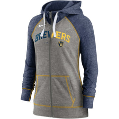 Milwaukee Brewers Nike Women's Split Wordmark Gym Vintage Raglan Lightweight Full-Zip Hoodie - Heather Charcoal/Heather Navy - Nike Lifestyle