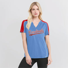 St. Louis Cardinals Fanatics Women's Light Blue/Red True Classic League Diva Pinstripe Raglan V-Neck T-Shirt - Fanatics Discount