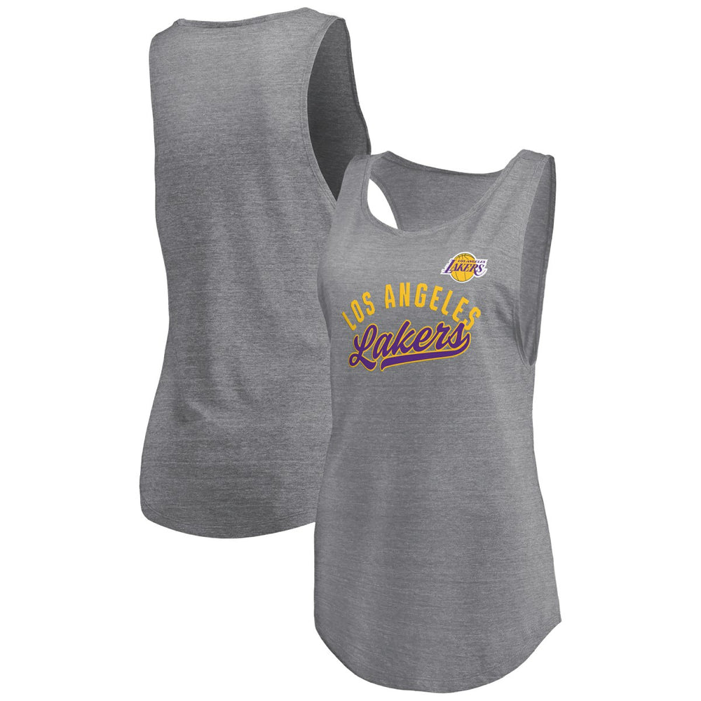 Los Angeles Lakers Women's Quality Time Open Scoop Neck Tri-Blend Tank Top Heathered Gray | Fanatics Near Me