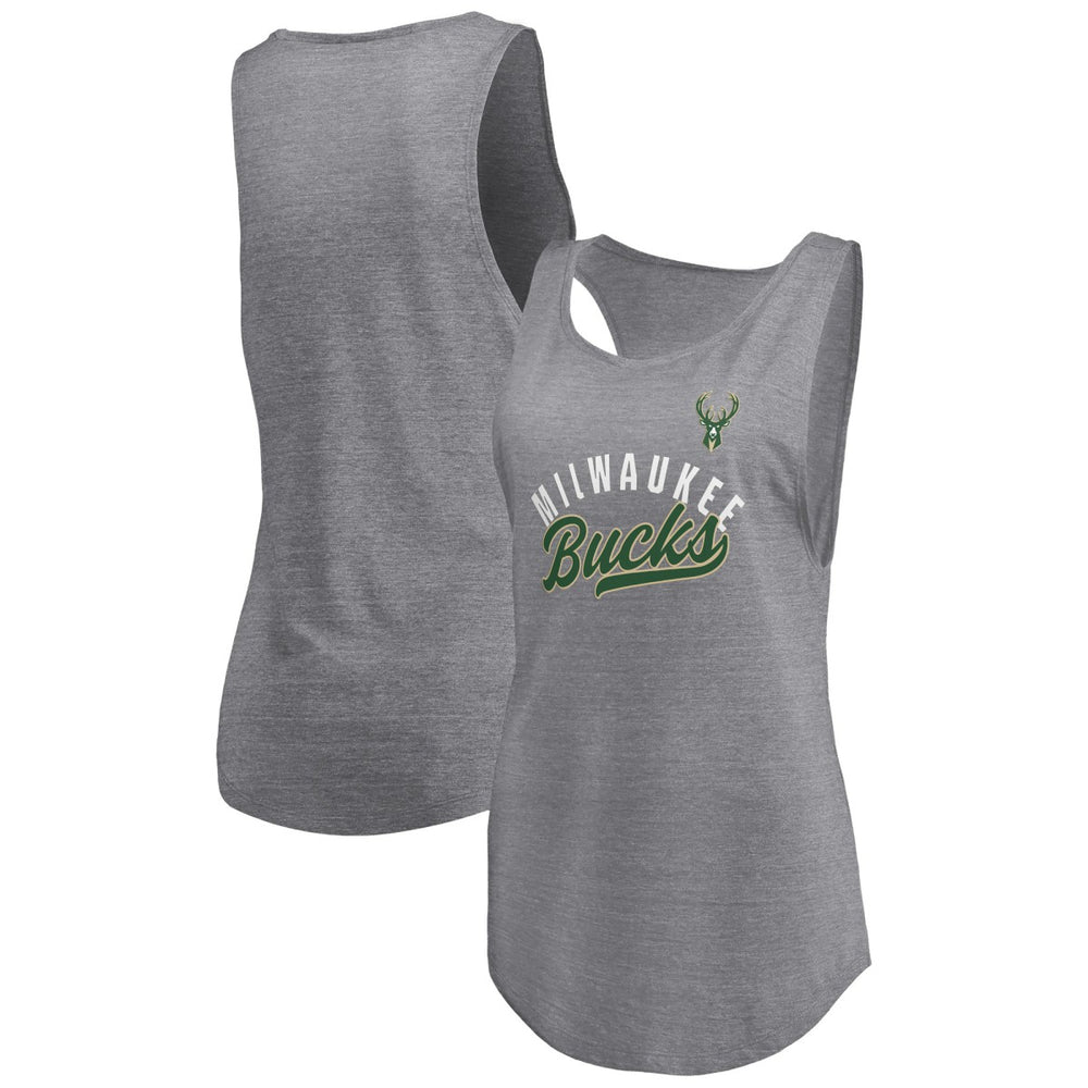Milwaukee Bucks Women's Quality Time Open Scoop Neck Tri-Blend Tank Top Heathered Gray | Fanatics online