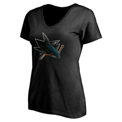 San Jose Sharks Women's Personalized Midnight Mascot Logo V-Neck T-Shirt - Black - NHL 4444456