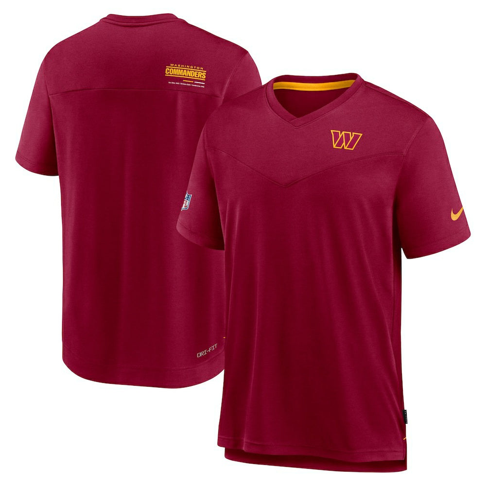 Nike Washington Commanders Sideline Coach Chevron Lock Up Logo V-Neck Performance T-Shirt Burgundy