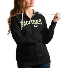 Green Bay Packers Antigua Women's Wordmark Victory Full-Zip Hoodie Black