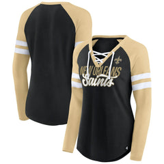 Fanatics New Orleans Saints Women's True to Form Raglan Lace-Up V-Neck Long Sleeve T-Shirt Black/Gold