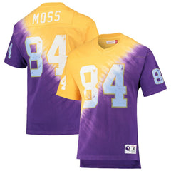 Mitchell & Ness Randy Moss Minnesota Vikings Retired Player Name & Number Diagonal Tie-Dye V-Neck T-Shirt Gold/Purple