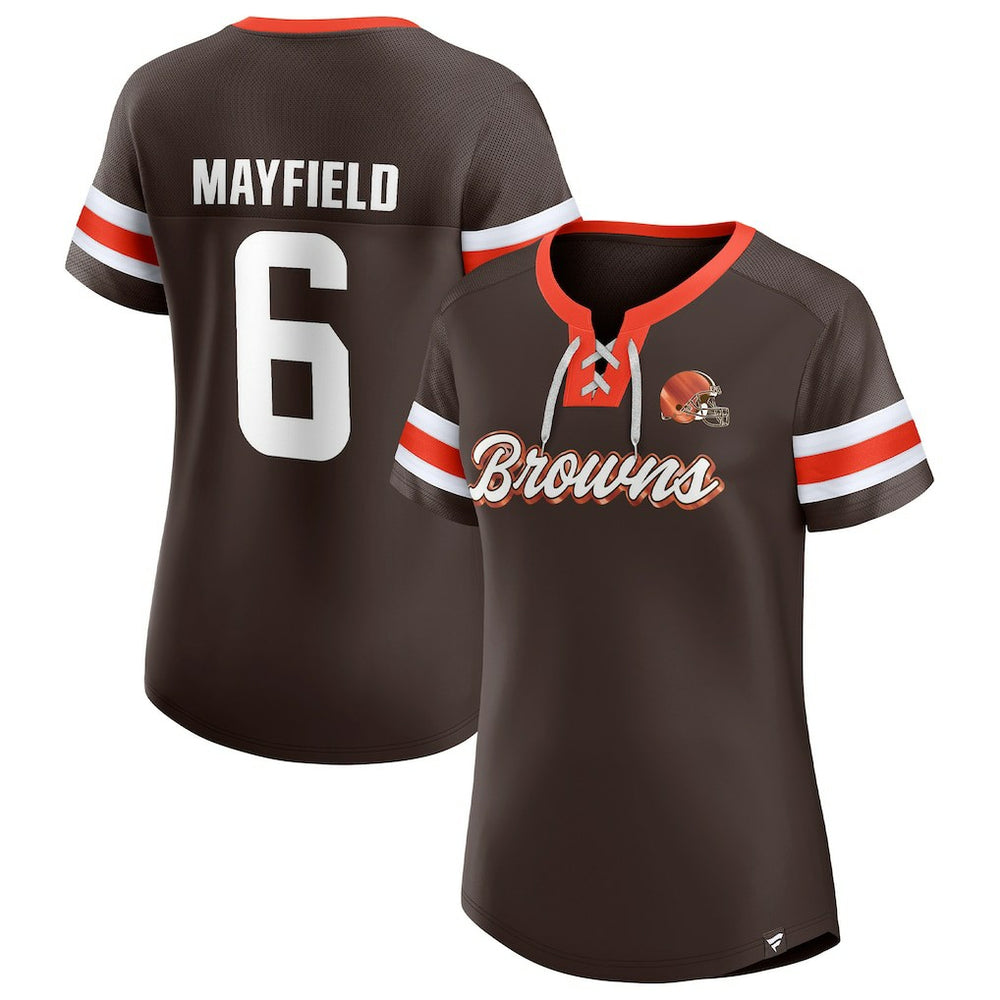 Fanatics Baker Mayfield Cleveland Browns Women's Athena Name & Number Notch Neck T-Shirt Brown