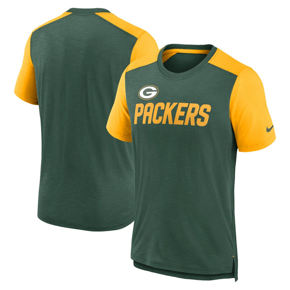 Nike Green Bay Packers Color Block Team Name T-Shirt Heathered Green/Heathered Gold