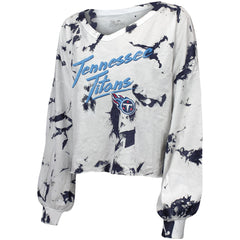 Tennessee Titans Majestic Threads Women's Off-Shoulder Tie-Dye V-Neck Long Sleeve T-Shirt White/Navy