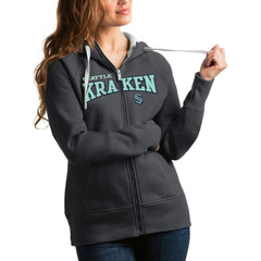 Seattle Kraken Antigua Women's Wordmark Victory Full-Zip Hoodie - Charcoal - NHL 4627337