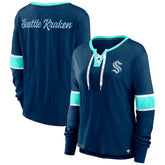 Seattle Kraken Fanatics Women's Effervescent Exclusive Notch Neck Lace-Up Long Sleeve Slub T-Shirt - Navy - NHL 4641942