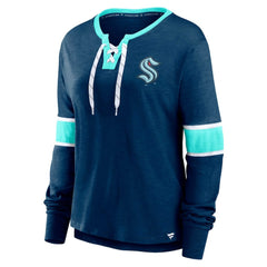 Seattle Kraken Fanatics Women's Effervescent Exclusive Notch Neck Lace-Up Long Sleeve Slub T-Shirt - Navy - NHL 4641942