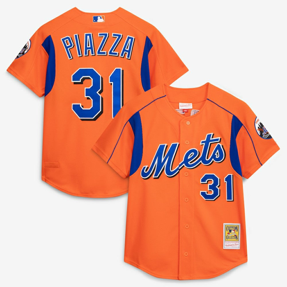 Mike Piazza New York Mets Mitchell & Ness Cooperstown Collection Mesh Batting Practice Button-Up Jersey - Orange - Mitchell & Ness Online