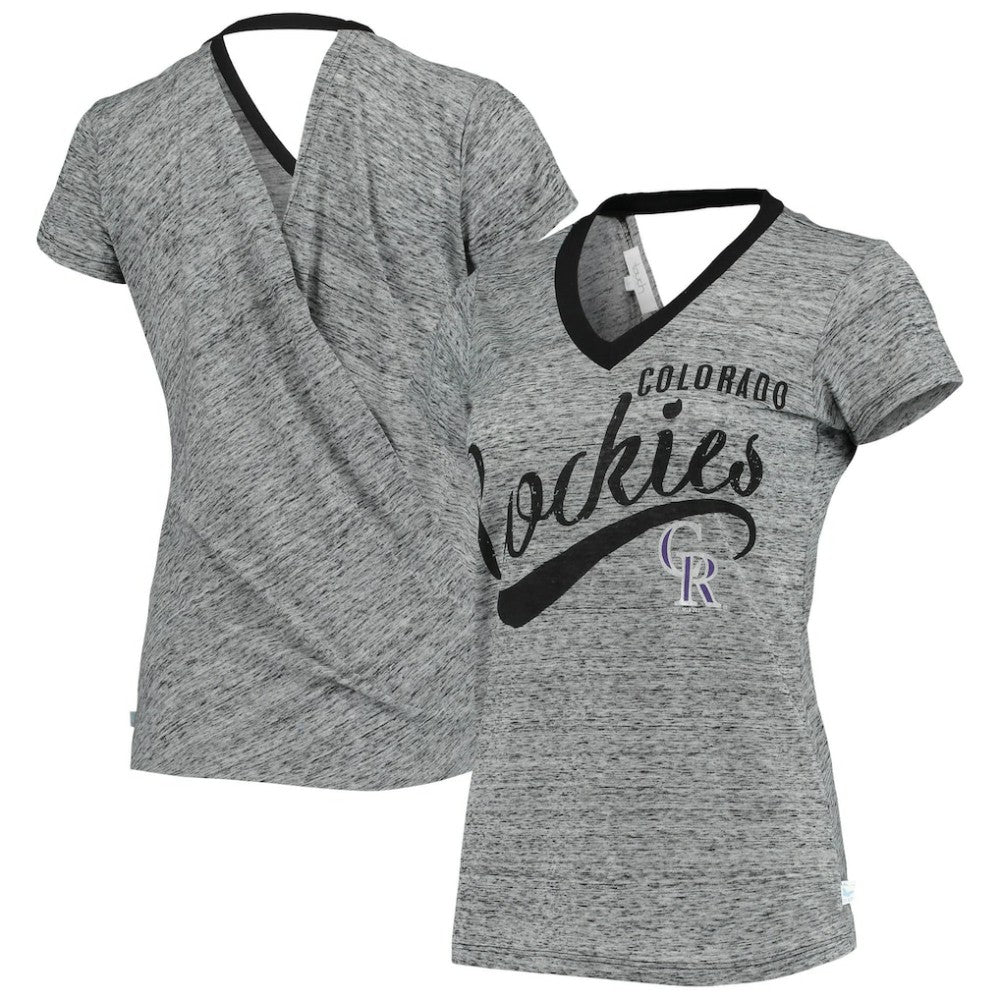 Colorado Rockies Touch Women's Hail Mary Back Wrap Space-Dye V-Neck T-Shirt - Black - MLB Discount