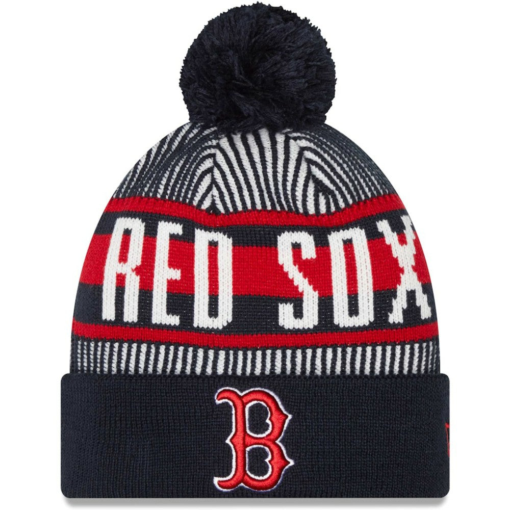 Boston Red Sox New Era Striped Cuffed Knit Hat with Pom - Navy - New Era Sale