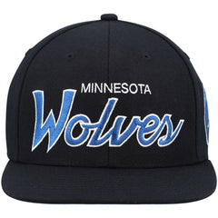 Minnesota Timberwolves Hardwood Classics Script 2.0 Snapback Hat Black | Mitchell & Ness US