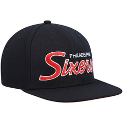 Philadelphia 76ers Hardwood Classics Script 2.0 Snapback Hat Black | Mitchell & Ness US