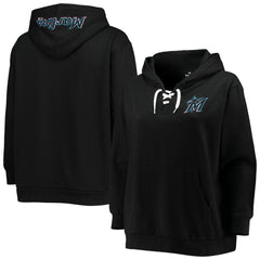 Miami Marlins Women's Plus Size Lace-Up V-Neck Pullover Hoodie - Black - MLB Lifestyle