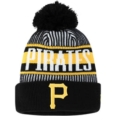 Pittsburgh Pirates New Era Youth Striped Cuffed Knit Hat with Pom - Black - New Era on Sale