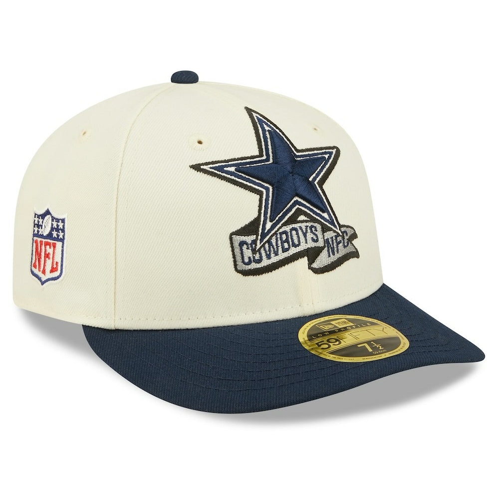 Dallas Cowboys New Era 2022 Sideline Low Profile 59FIFTY Fitted Hat Cream/Navy
