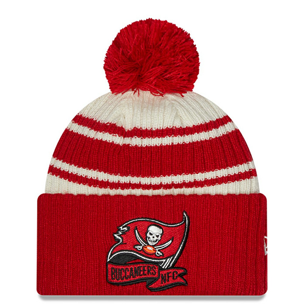 Tampa Bay Buccaneers New Era 2022 Sideline Sport Cuffed Pom Knit Hat Cream/Red