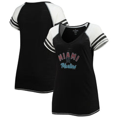 Miami Marlins Soft as a Grape Women's Curvy Color Block Tri-Blend Raglan V-Neck T-Shirt - Black - MLB Sale