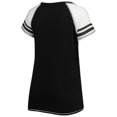 Miami Marlins Soft as a Grape Women's Curvy Color Block Tri-Blend Raglan V-Neck T-Shirt - Black - MLB Sale